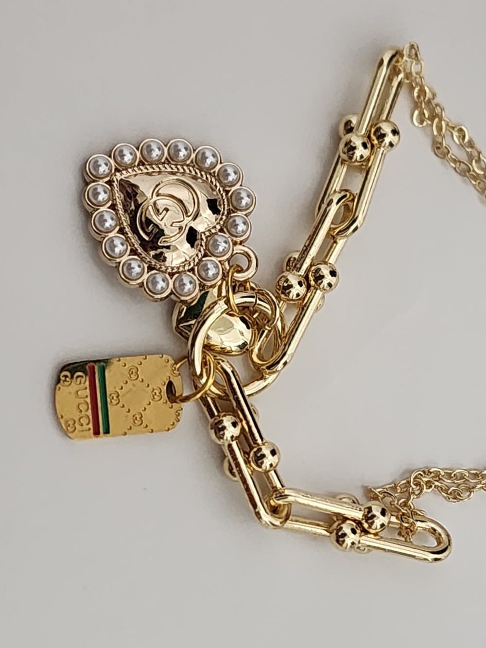 Upcycled Charm Gold Heart Pearl Charm Bracelet with Logo Tag